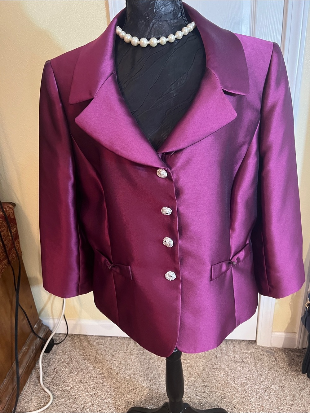 Tahari Satin Plum Blazer with Crystal Buttons